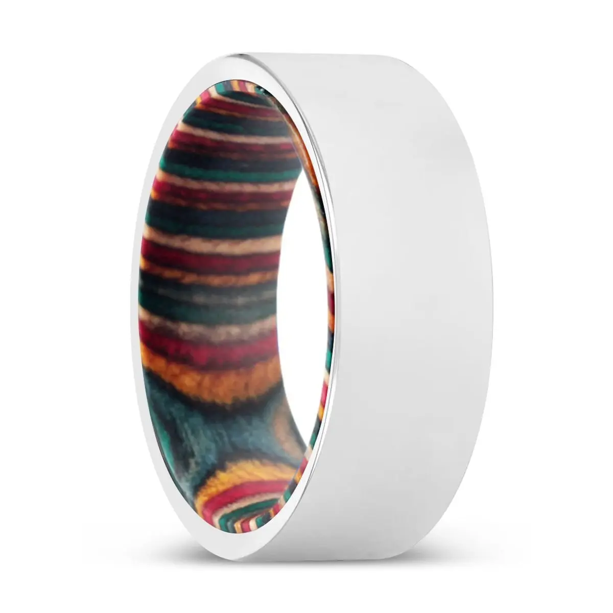 Leopoldo | Multi Color Wood, Silver Tungsten Ring, Shiny, Flat 1