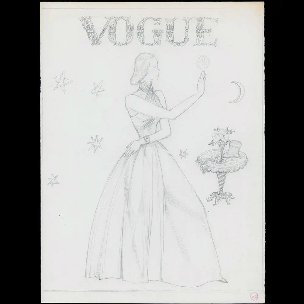 Lepape - L'illusionniste, Elégante Aux Étoiles, Projet De Couverture Pour Vogue, Dessin De Georges Lepape (1938) 1