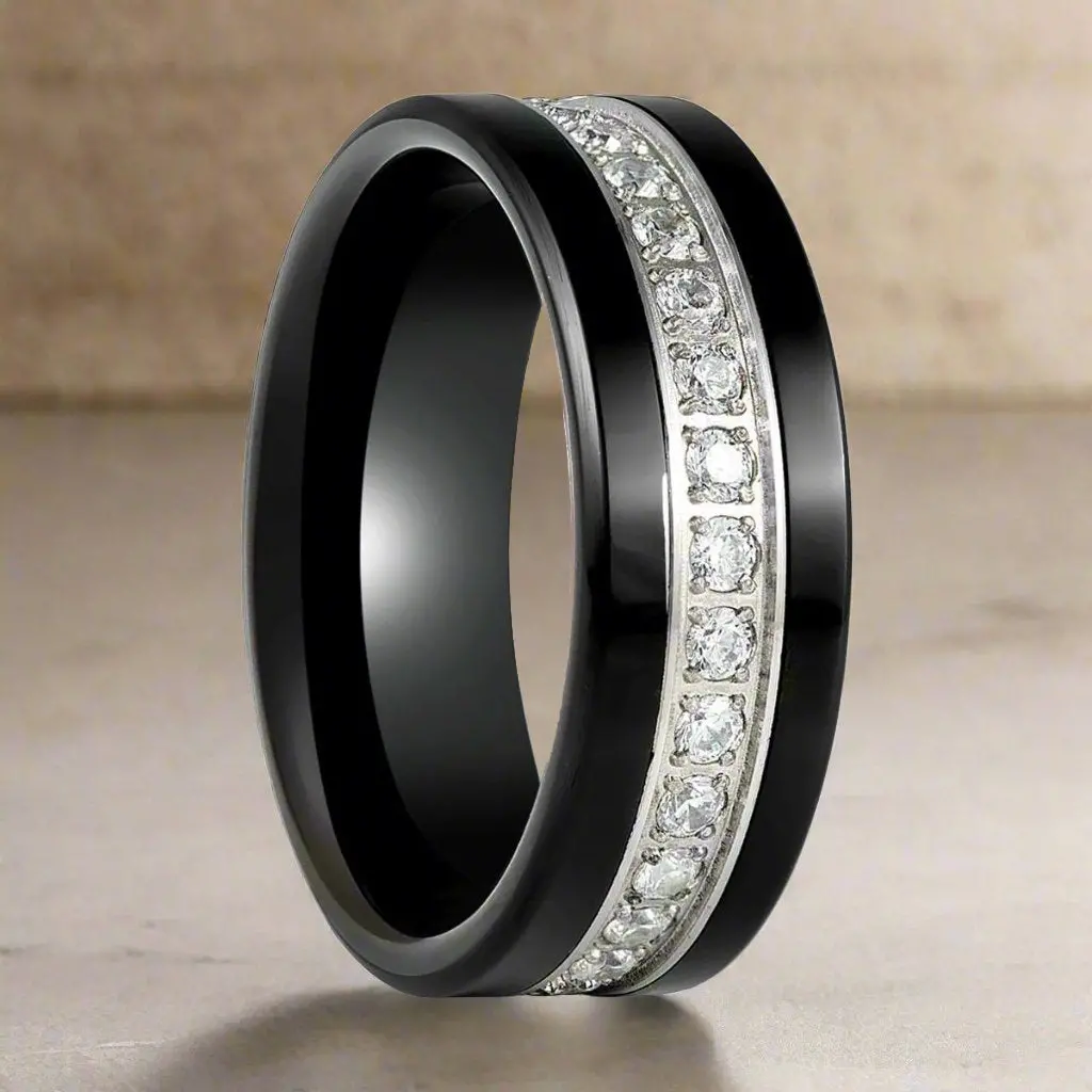 Leporis | Black Tungsten Ring, Diamond Stimulant Cz Eternity, Flat 1