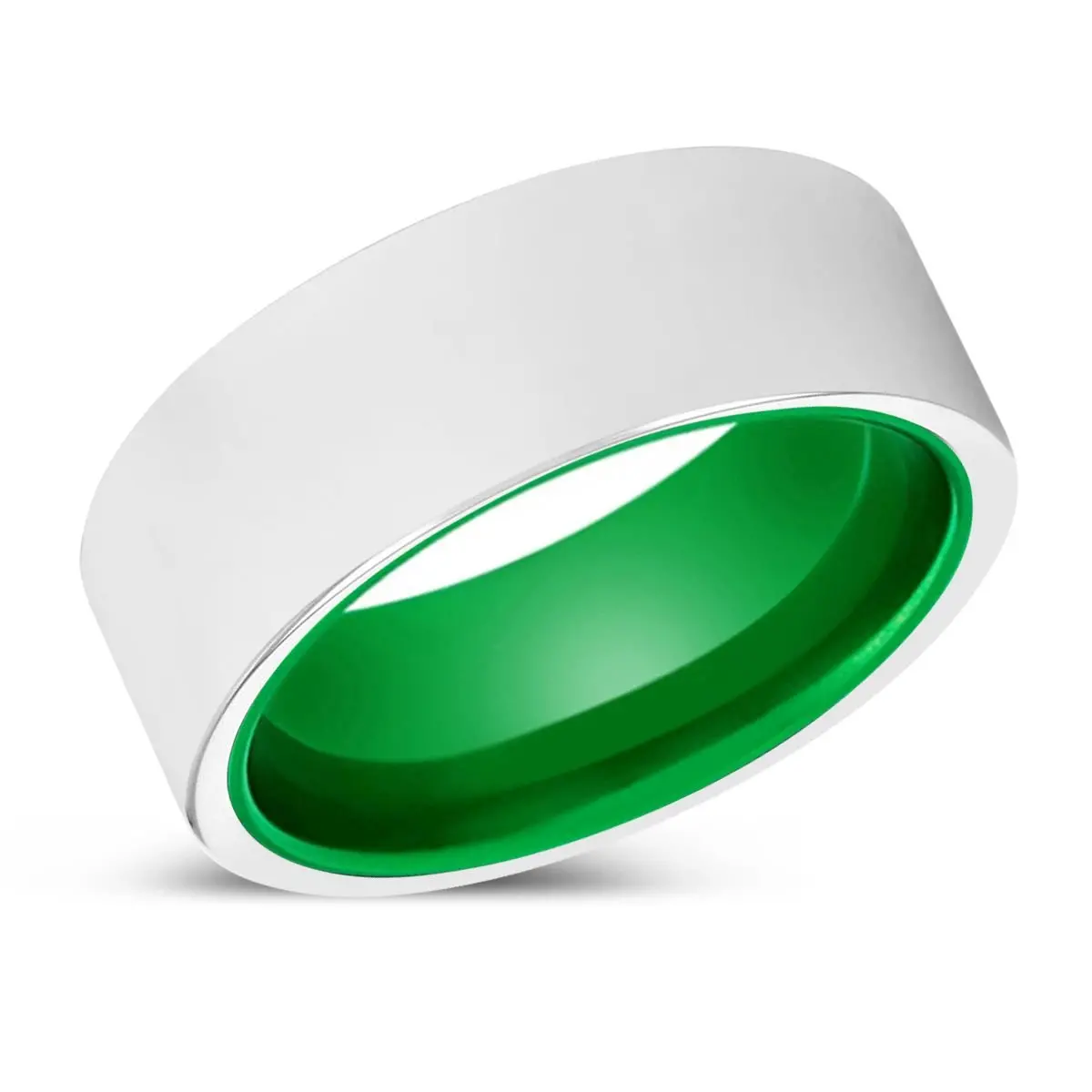 Leroy | Green Ring, Silver Tungsten Ring, Shiny, Flat 2