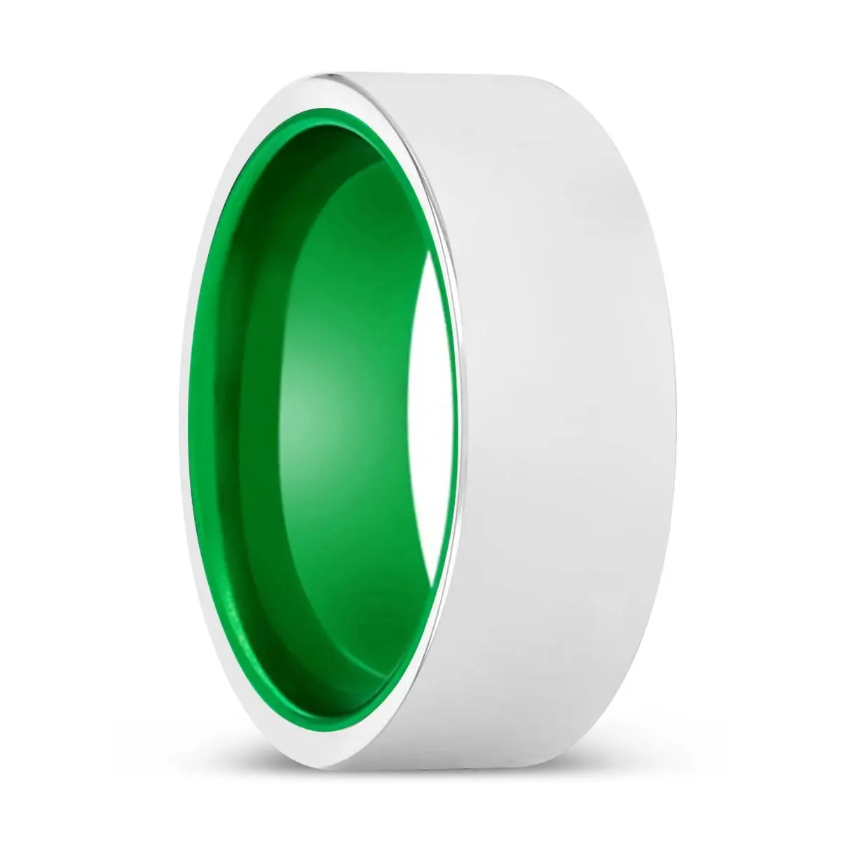 Leroy | Green Ring, Silver Tungsten Ring, Shiny, Flat 1