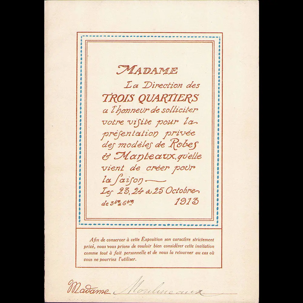 Trois Quartiers - Invitation À Une Présentation De Modèles (1913) 1