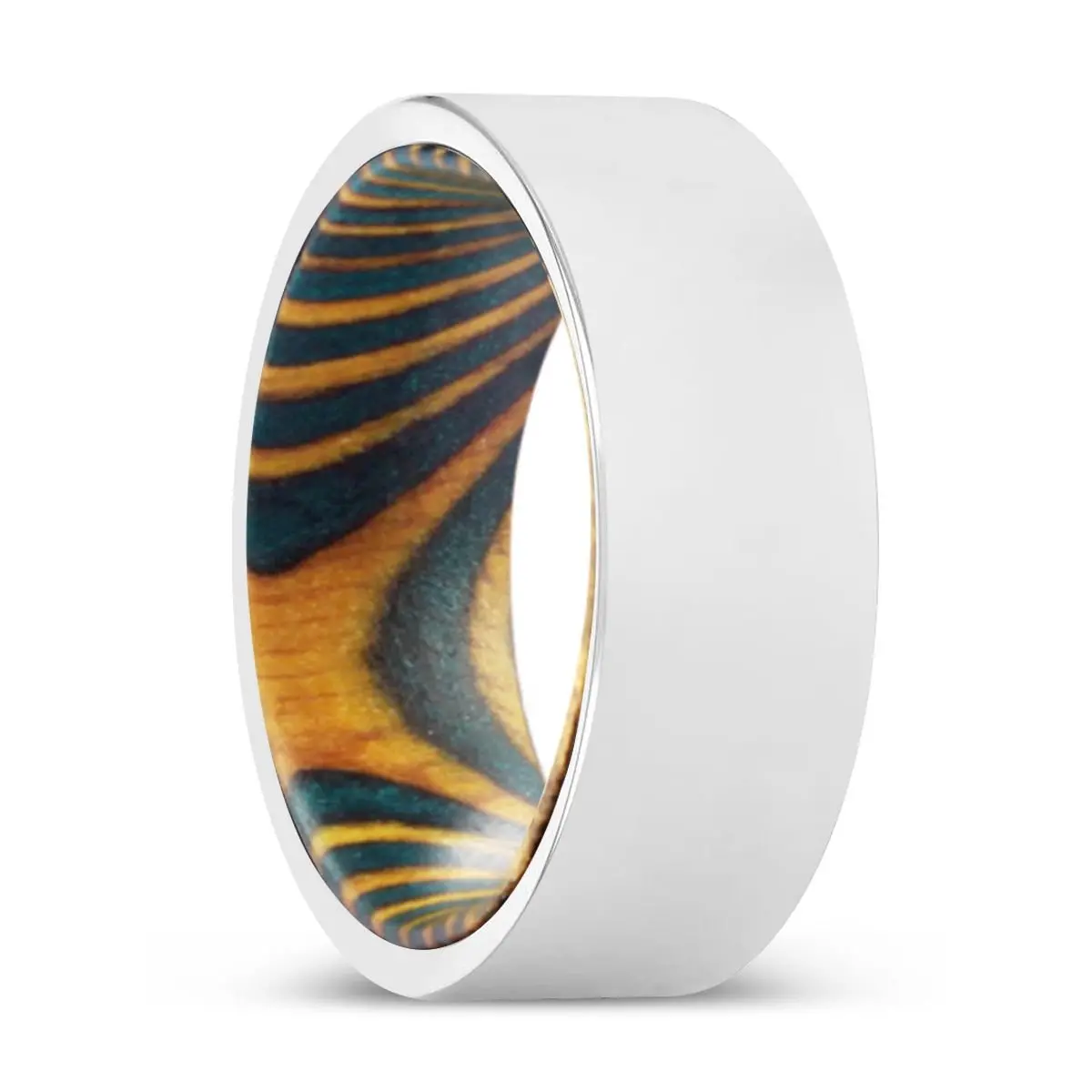 Lester | Green & Yellow Wood, Silver Tungsten Ring, Shiny, Flat 1