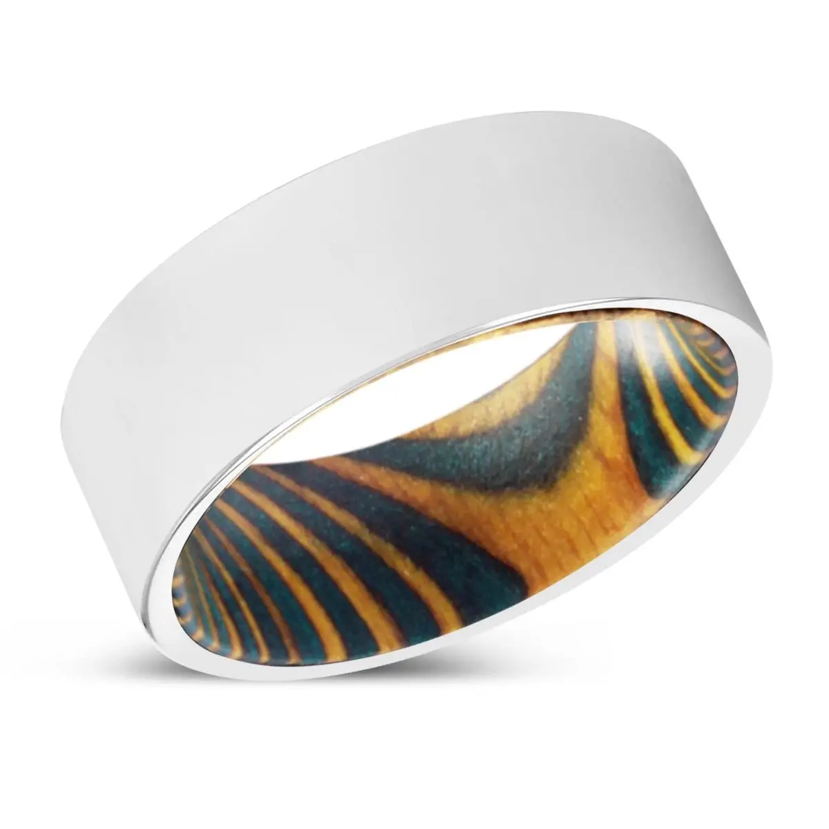 Lester | Green & Yellow Wood, Silver Tungsten Ring, Shiny, Flat 2