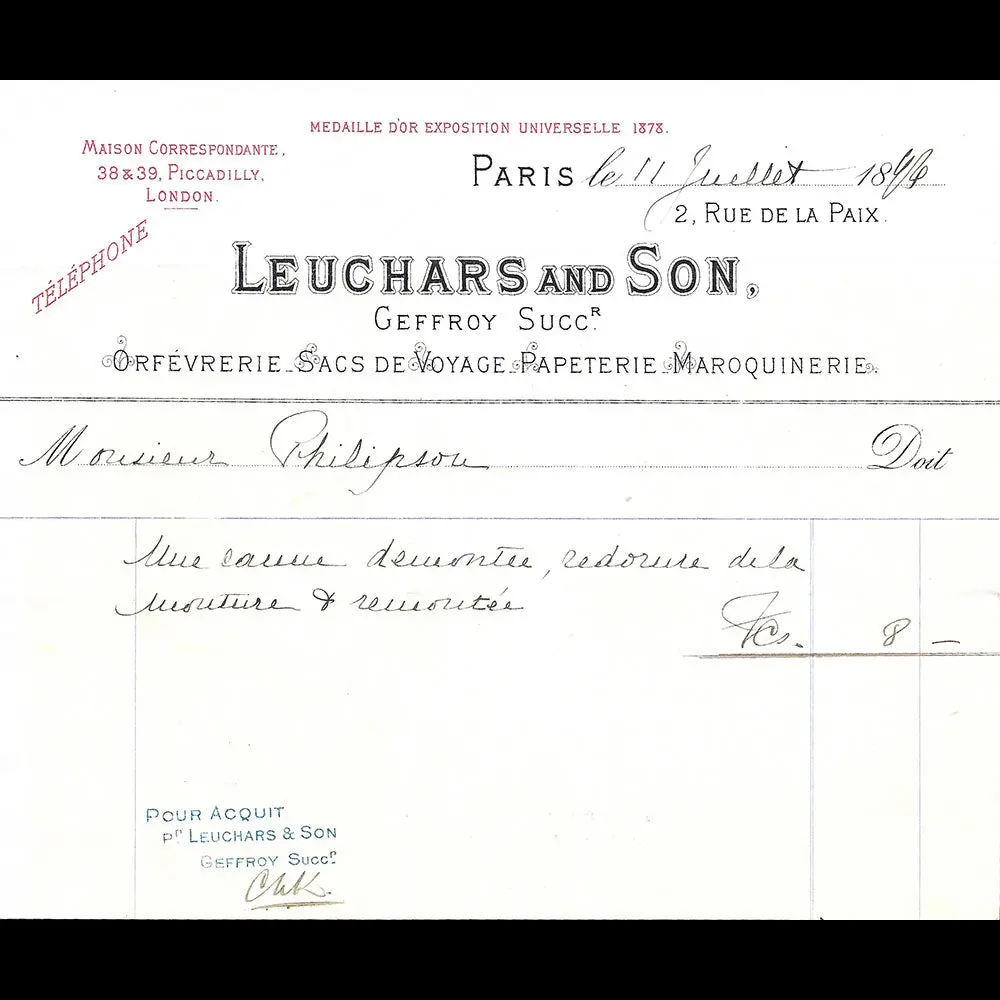 Leuchars And Son - Facture De La Maison 2 Rue De La Paix À Paris (1894) 1