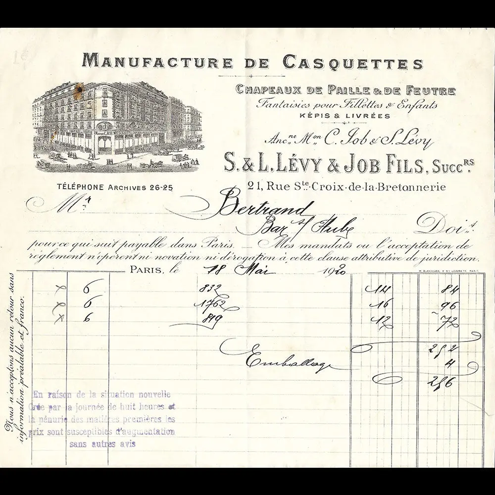 S. Et L. Levy & Job Fils - Facture De La Manufacture De Casquettes, 21 Rue Sainte Croix De La Bretonnerie À Paris (1920) 1