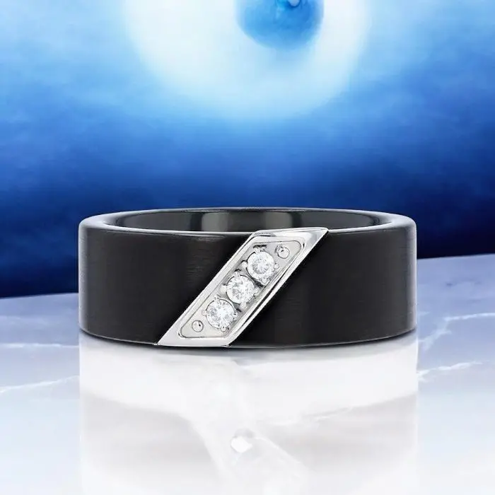 Liam | Black Tungsten Ring, 3 White Diamond Inlay, Flat 6