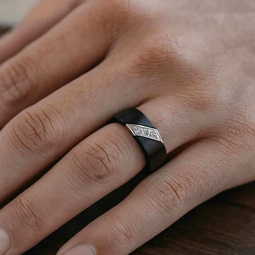 Liam | Black Tungsten Ring, 3 White Diamond Inlay, Flat 2