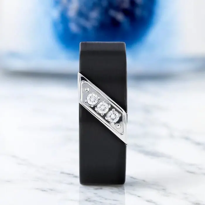 Liam | Black Tungsten Ring, 3 White Diamond Inlay, Flat 5