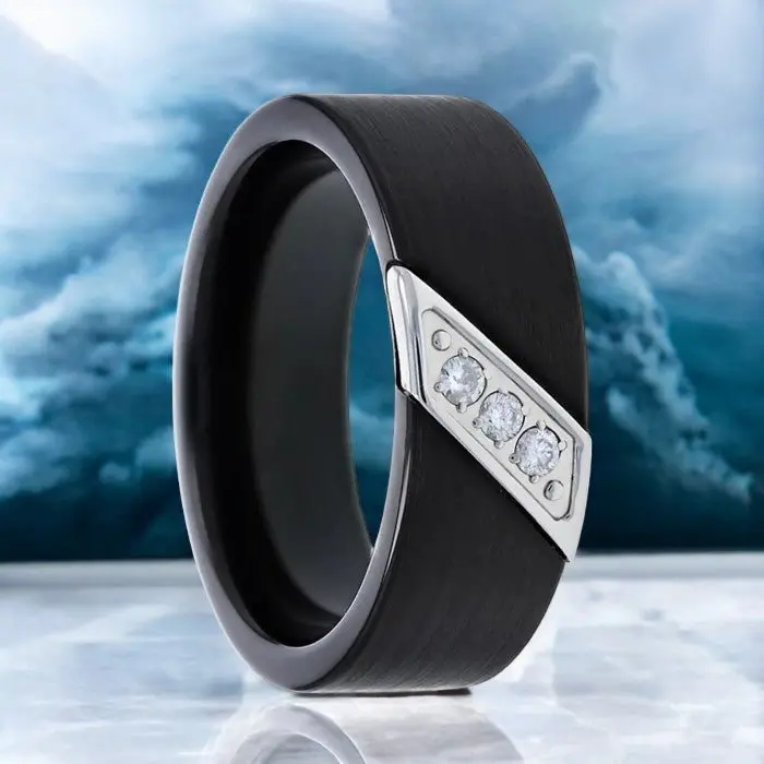 Liam | Black Tungsten Ring, 3 White Diamond Inlay, Flat 1
