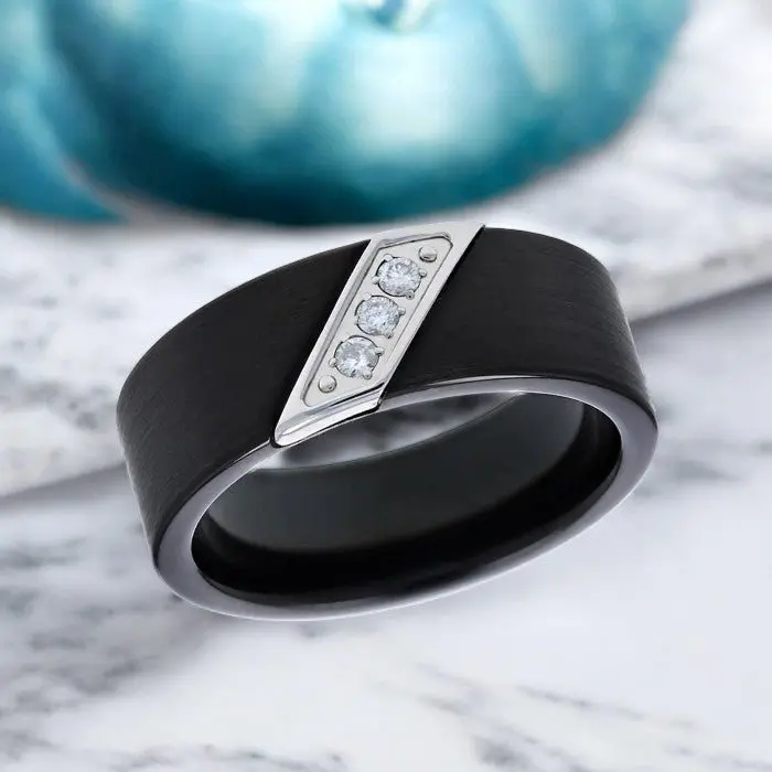 Liam | Black Tungsten Ring, 3 White Diamond Inlay, Flat 3