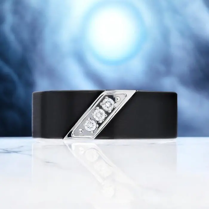 Liam | Black Tungsten Ring, 3 White Diamond Inlay, Flat 4