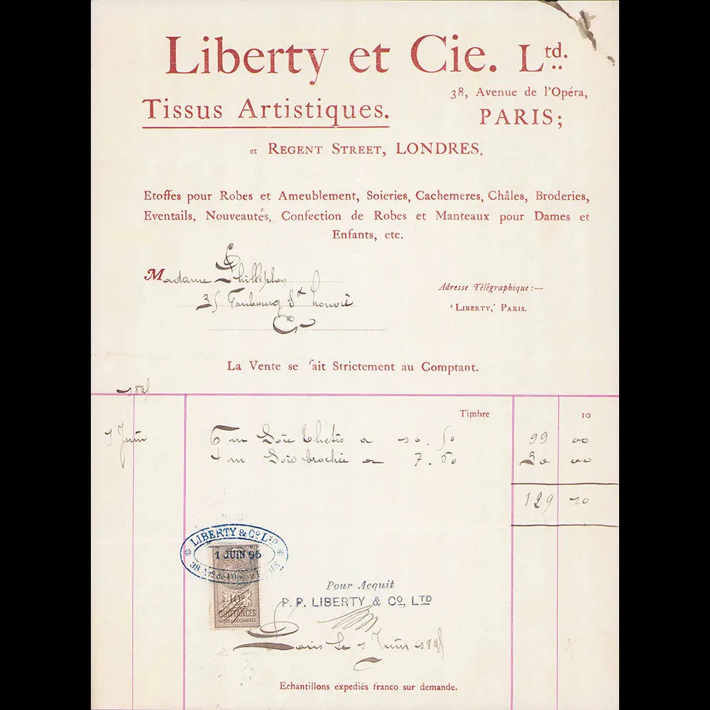 Liberty Et Cie - Facture De La Maison De Tissus, 38 Avenue De L'opéra À Paris (1895) 1