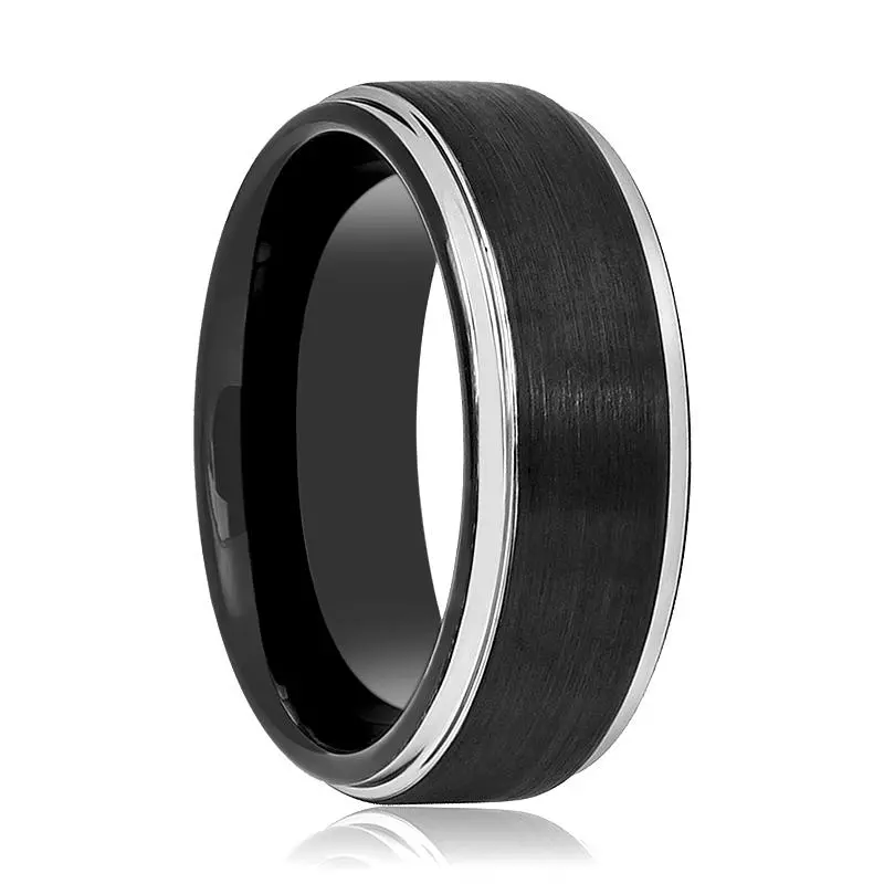 Ligarius | Black Tungsten Ring, Silver Stepped Edge 1
