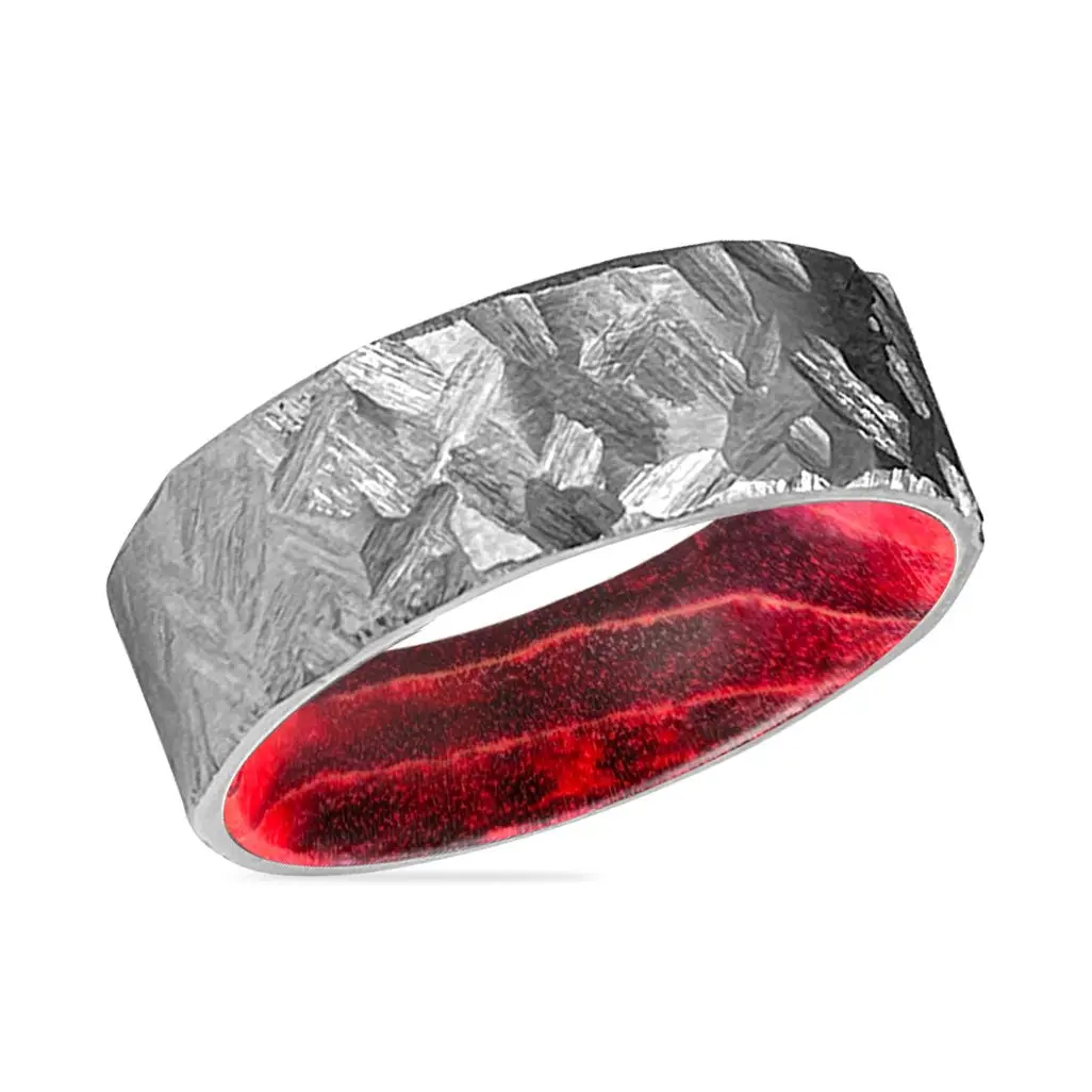 Ligon | Black & Red Wood, Silver Titanium Ring, Hammered, Flat 2