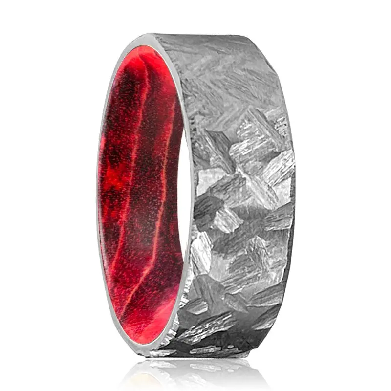 Ligon | Black & Red Wood, Silver Titanium Ring, Hammered, Flat 1