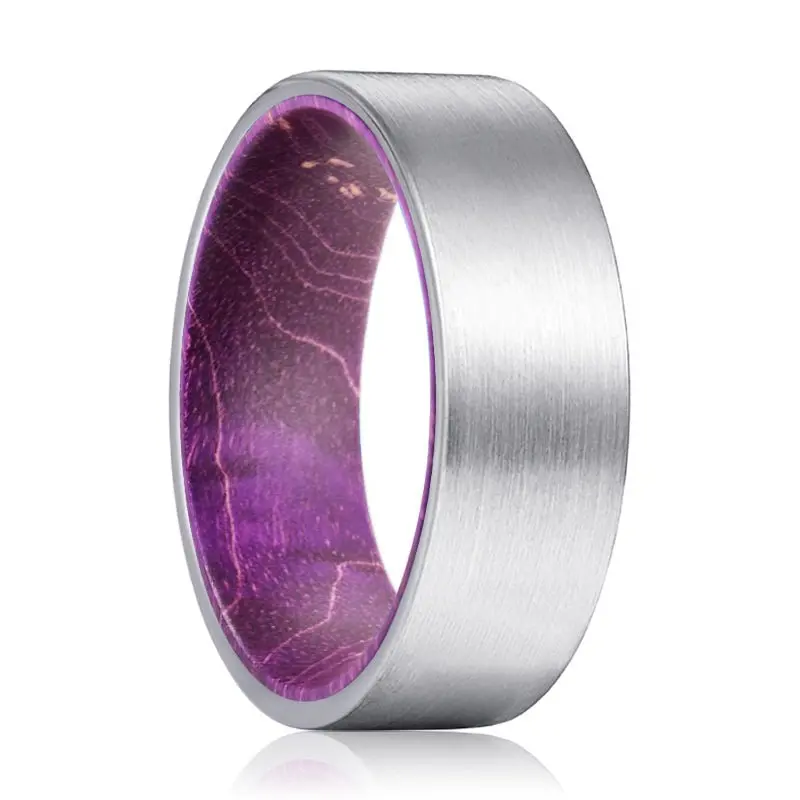 Lilavo | Purple Wood, Silver Tungsten Ring, Brushed, Flat 1