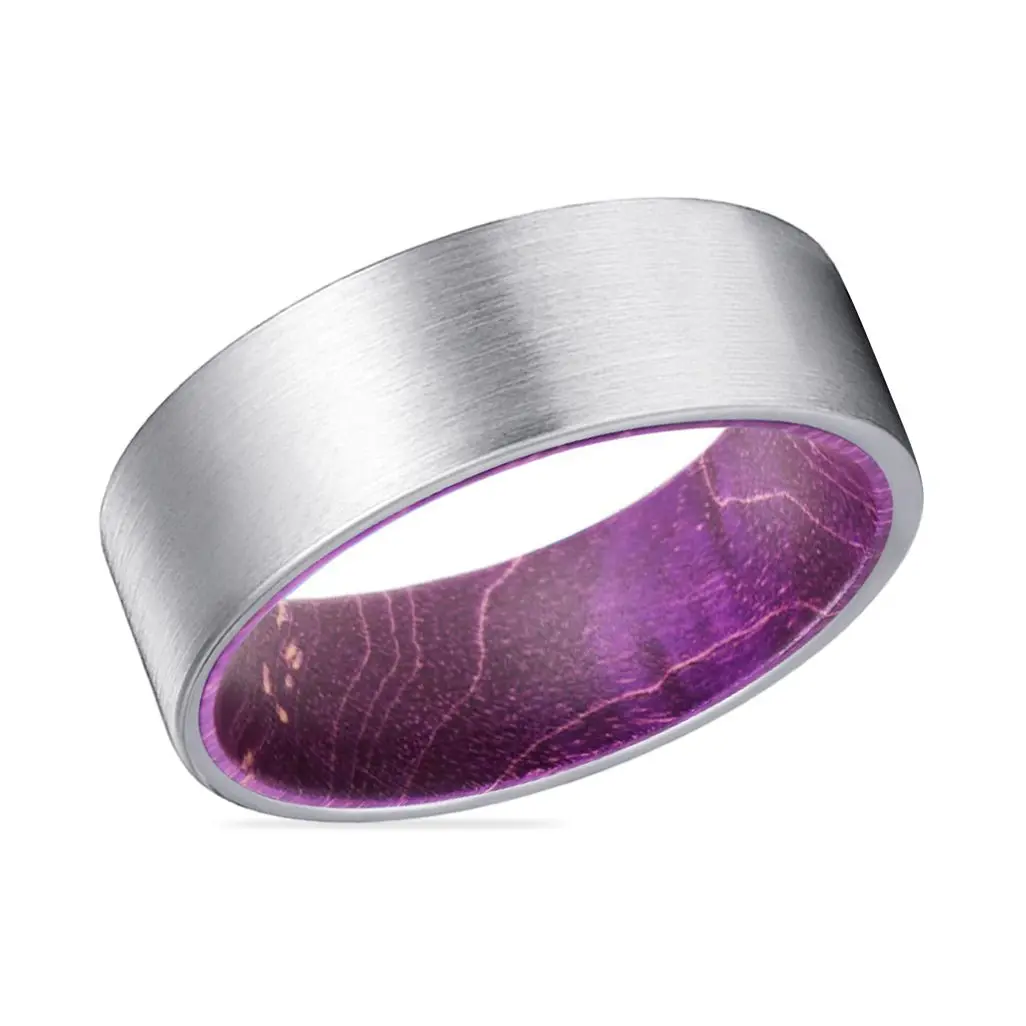 Lilavo | Purple Wood, Silver Tungsten Ring, Brushed, Flat 2