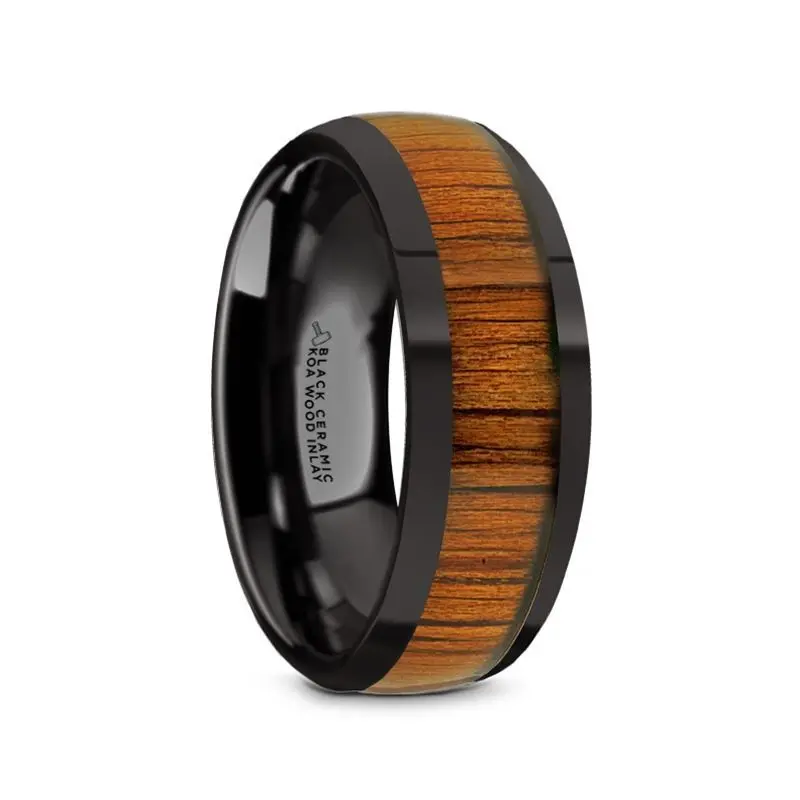 Linden | Black Ceramic Ring, Koa Wood Inlay, Domed 1