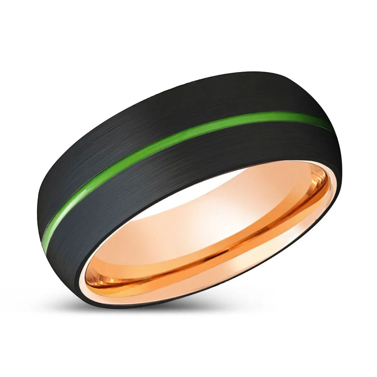 Lionel | Rose Gold Ring, Black Tungsten Ring, Green Groove, Domed 2