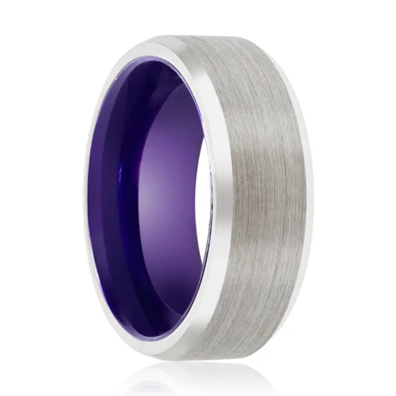 Lisianthus | Purple Ring, Silver Tungsten Ring, Brushed, Beveled 1