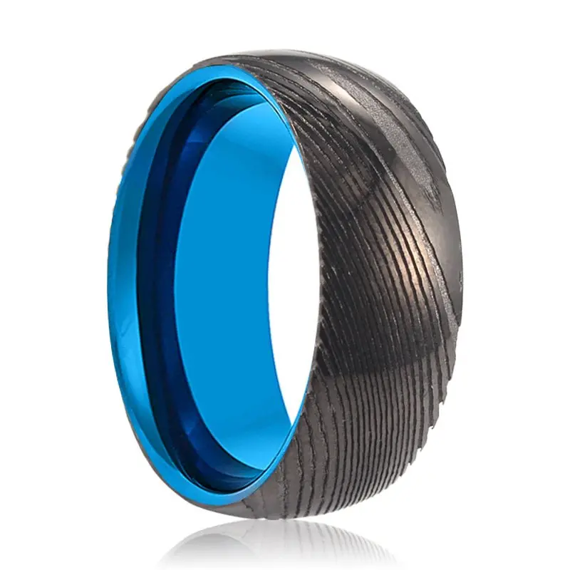 Livia | Blue Tungsten Ring, Gunmetal Damascus Steel Ring, Domed 1
