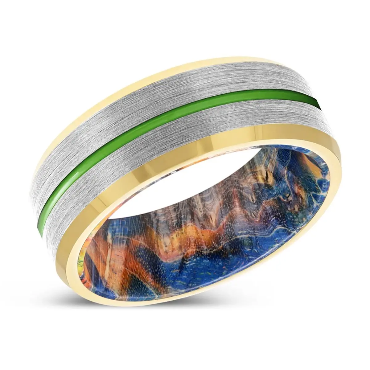 Lodico | Blue & Yellow/Orange Wood, Silver Tungsten Ring, Green Groove, Gold Beveled Edge 2