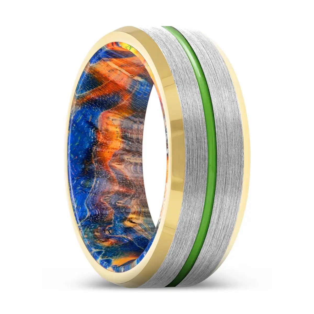 Lodico | Blue & Yellow/Orange Wood, Silver Tungsten Ring, Green Groove, Gold Beveled Edge 1