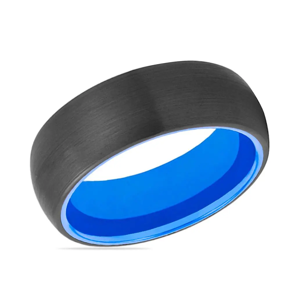 Lotus | Blue Ring, Black Tungsten Ring, Brushed, Domed 2
