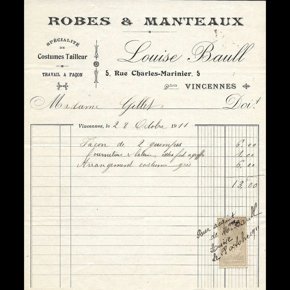 Louise Baull - Facture De La Maison De Couture, 5 Rue Charles Marinier À Vincennes (1911) 1