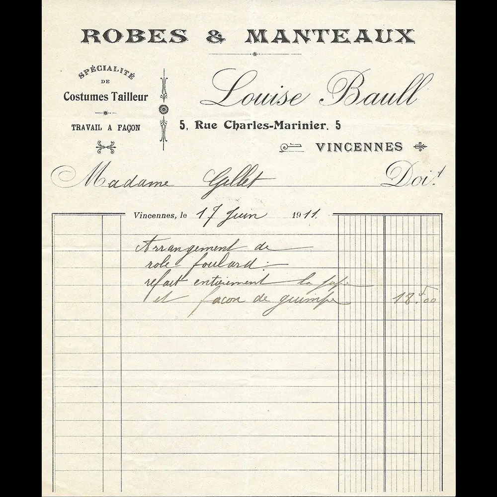 Louise Baull - Facture De La Maison De Couture, 5 Rue Charles Marinier À Vincennes (1911) 1