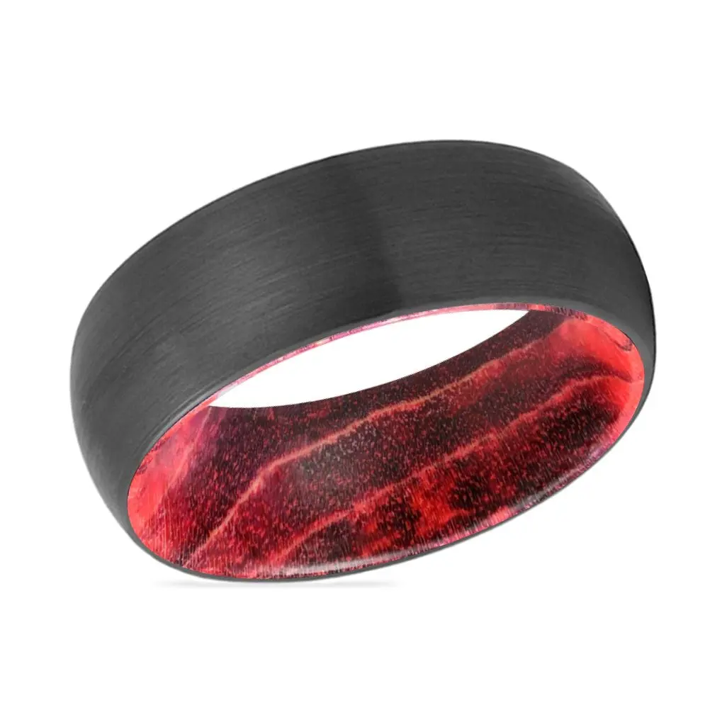 Lucas | Black & Red Wood, Black Tungsten Ring, Brushed, Domed 2