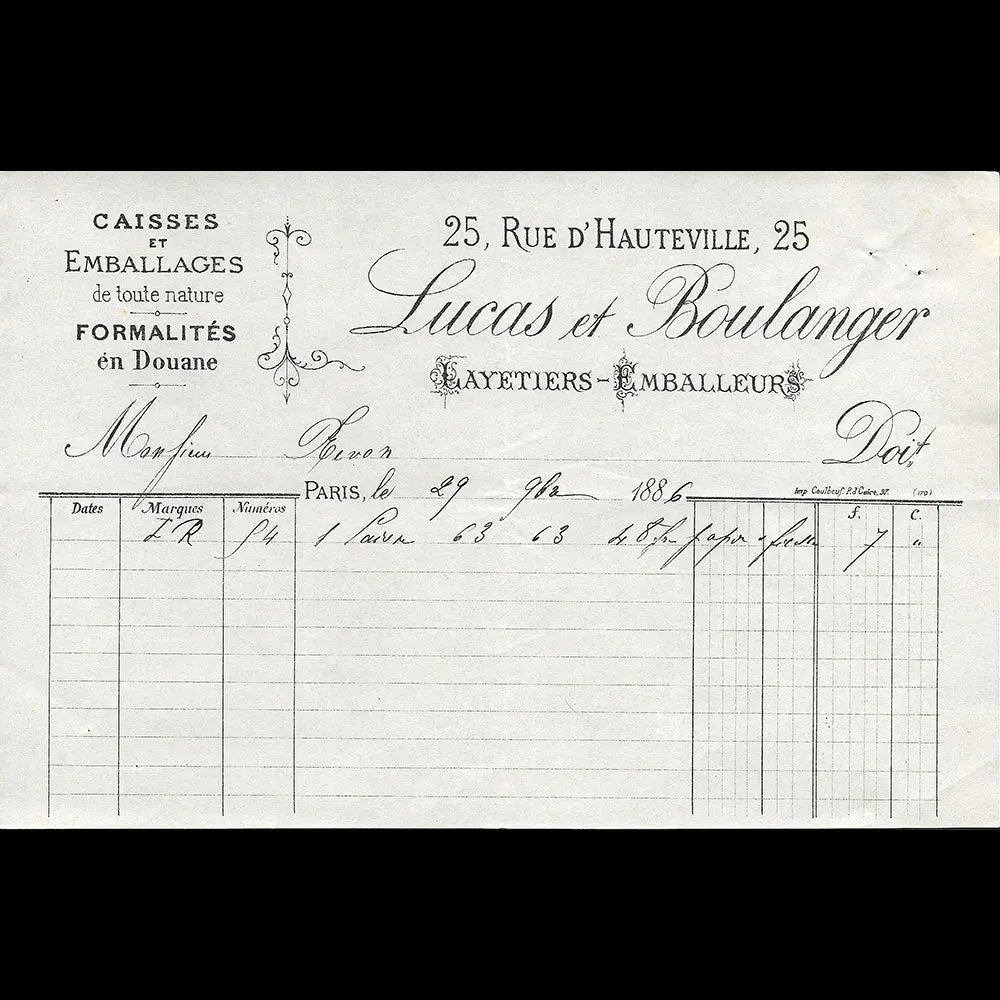 Lucas & Boulanger - Facture Des Layetiers - Emballeurs, 25 Rue De Hauteville À Paris (1886) 1