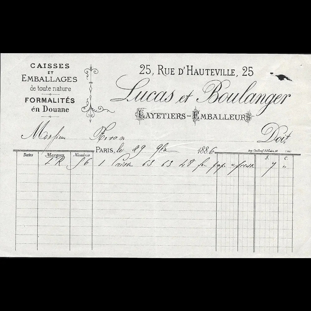Lucas & Boulanger - Facture Des Layetiers - Emballeurs, 25 Rue De Hauteville À Paris (1886) 1