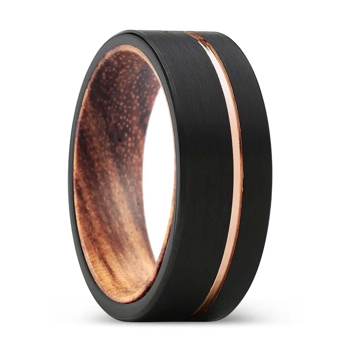 Lucid | Zebra Wood, Black Tungsten Ring, Rose Gold Offset Groove, Brushed, Flat 1