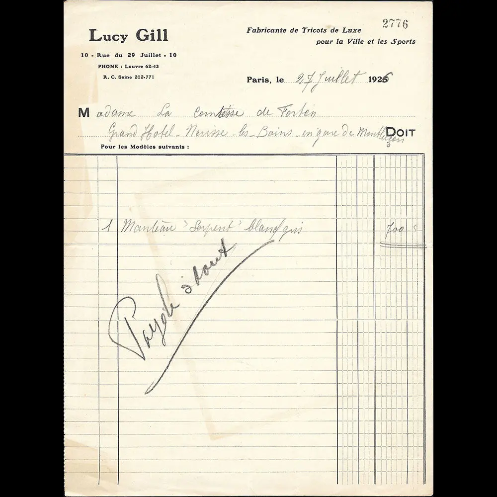 Lucy Gill - Facture De La Maison De Couture Sport, 213 Rue Saint-Honoré À Paris (1926) 1