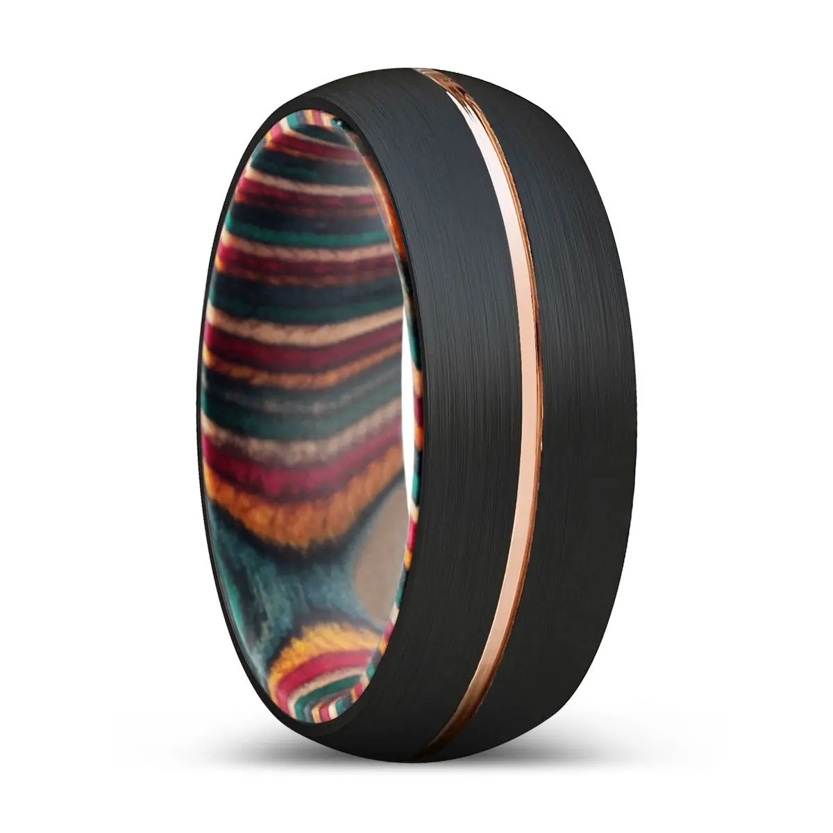 Ludolf | Multi Color Wood, Black Tungsten Ring, Rose Gold Groove, Domed 1