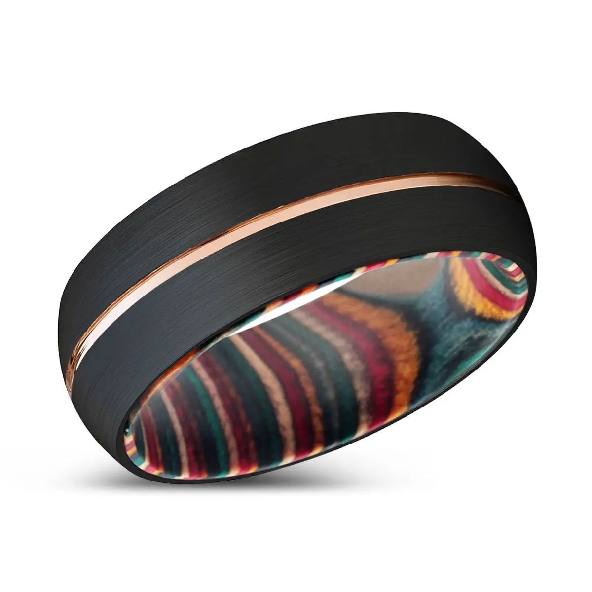 Ludolf | Multi Color Wood, Black Tungsten Ring, Rose Gold Groove, Domed 2