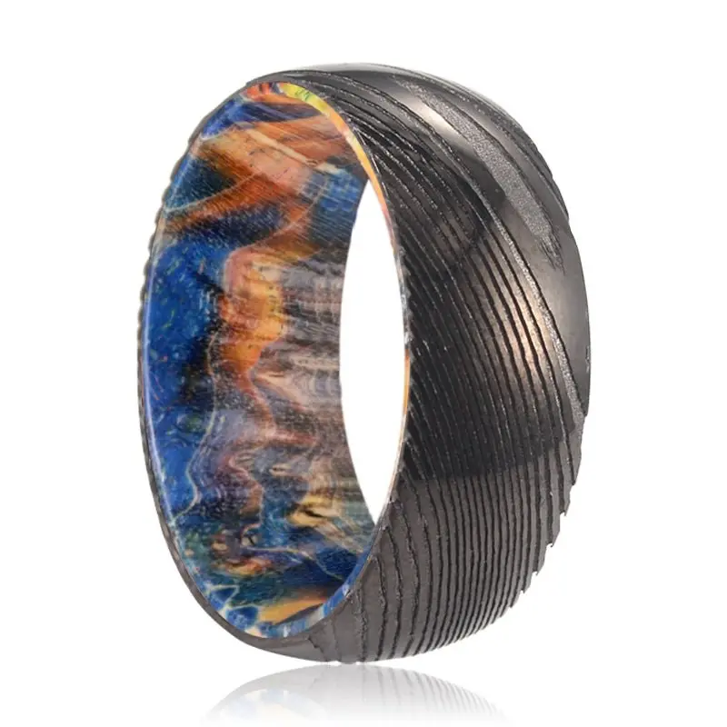 Luke | Blue & Yellow/Orange Wood, Gunmetal Damascus Steel Ring, Domed 1