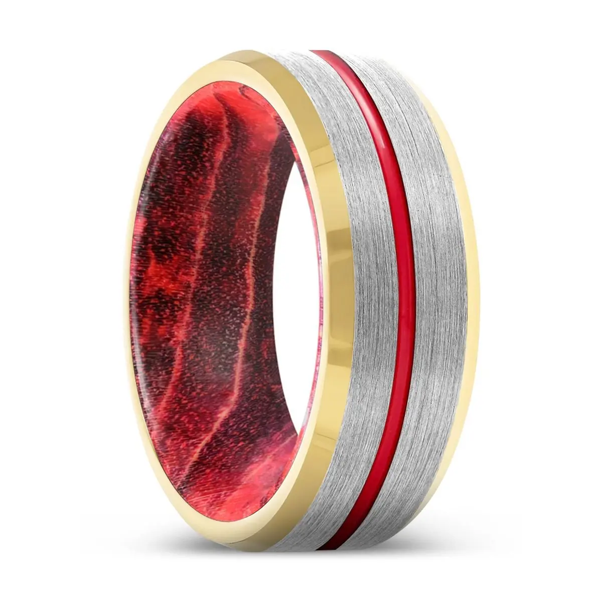 Lumber | Black & Red Wood, Silver Tungsten Ring, Red Groove, Gold Beveled Edge 1