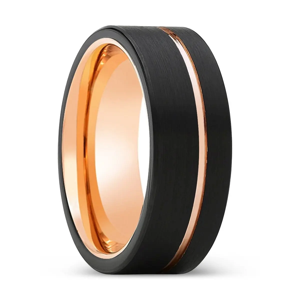 Luminous | Rose Gold Ring, Black Tungsten Ring, Rose Gold Offset Groove, Brushed, Flat 1