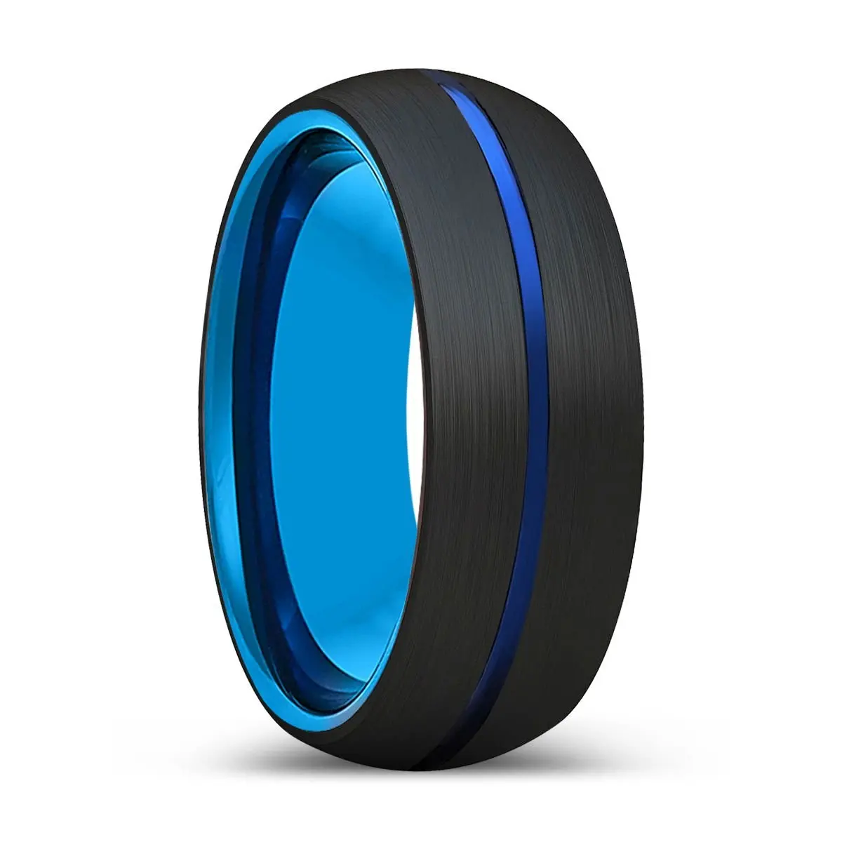 Luna | Blue Tungsten Ring, Black Tungsten Ring, Blue Groove, Domed 1