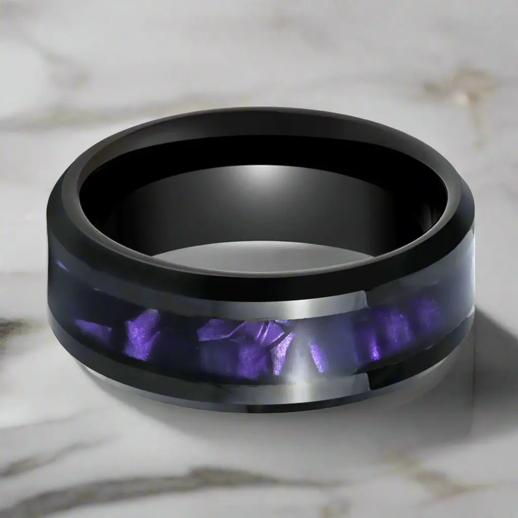 Lusters | Black Tungsten Ring, Purple Tiger Cowrie Inlay, Beveled 5