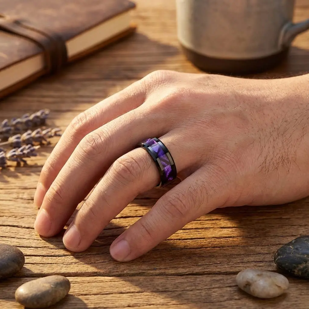 Lusters | Black Tungsten Ring, Purple Tiger Cowrie Inlay, Beveled 2