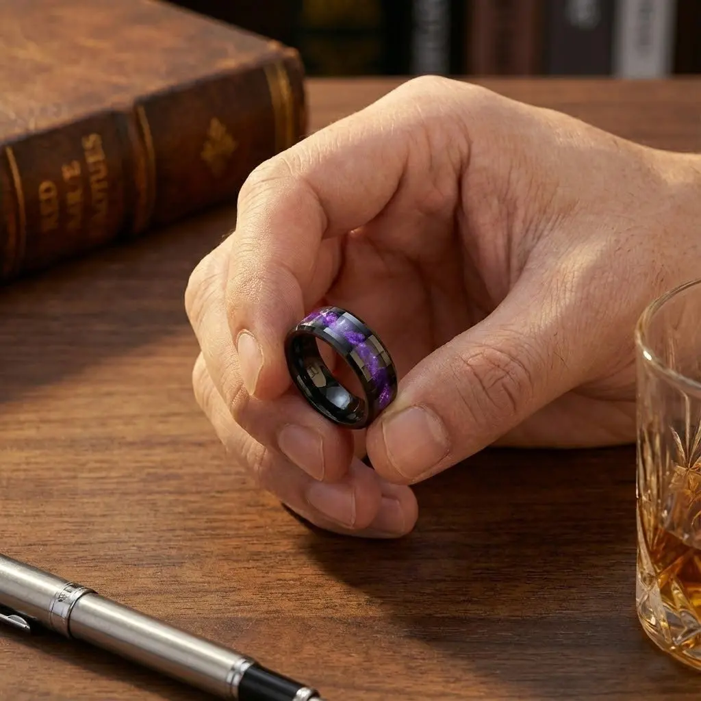 Lusters | Black Tungsten Ring, Purple Tiger Cowrie Inlay, Beveled 6