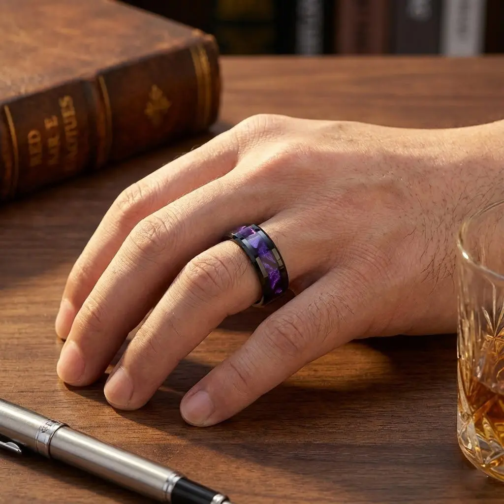 Lusters | Black Tungsten Ring, Purple Tiger Cowrie Inlay, Beveled 4