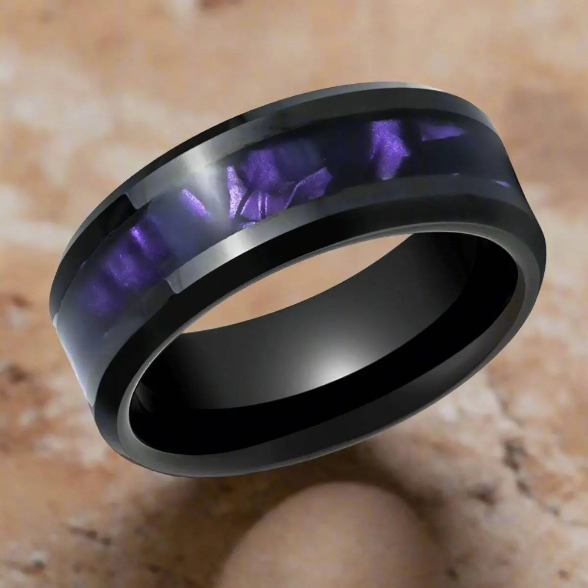 Lusters | Black Tungsten Ring, Purple Tiger Cowrie Inlay, Beveled 3
