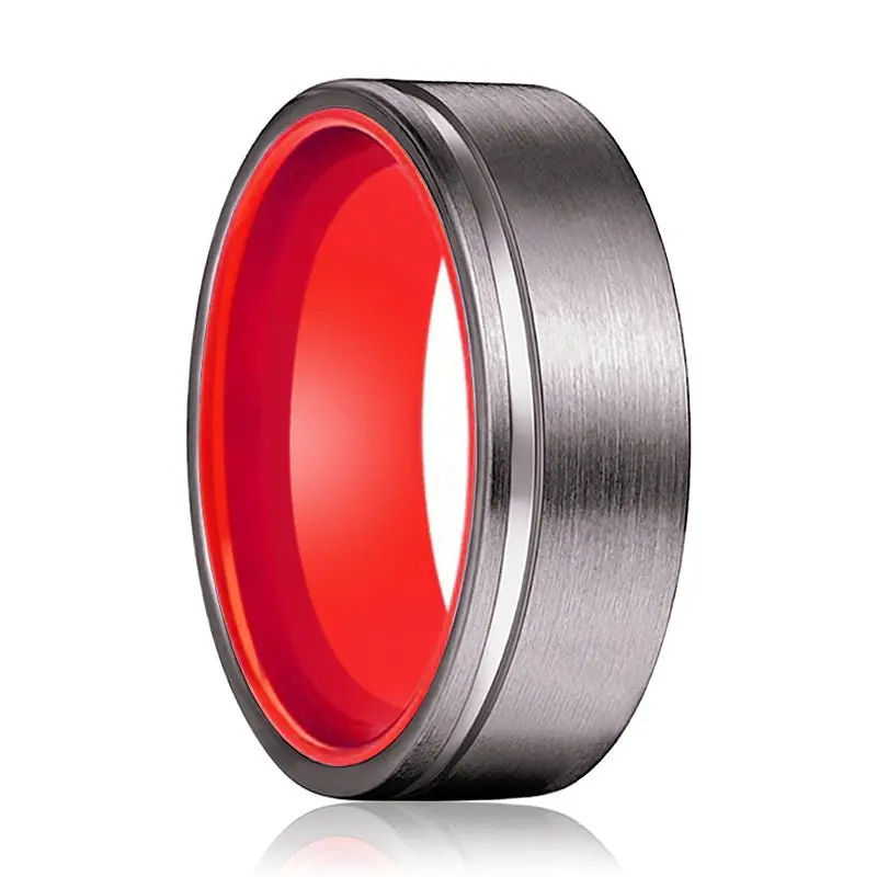 Lychee | Red Ring, Gunmetal Tungsten Ring, Offset Groove, Flat 1