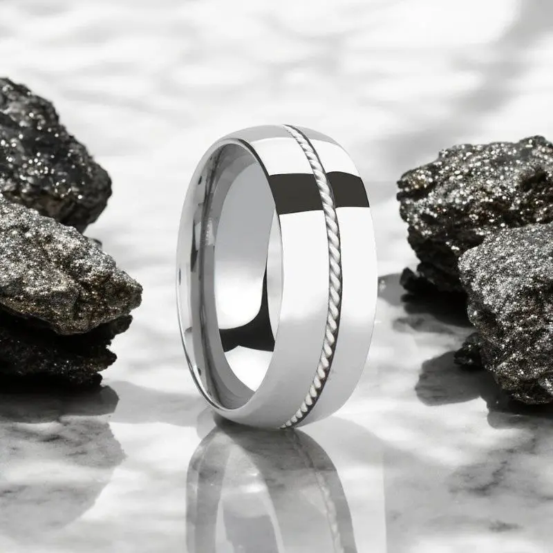 Lyon | Silver Tungsten Ring, Braided Sterling Silver Inlay, Domed 1
