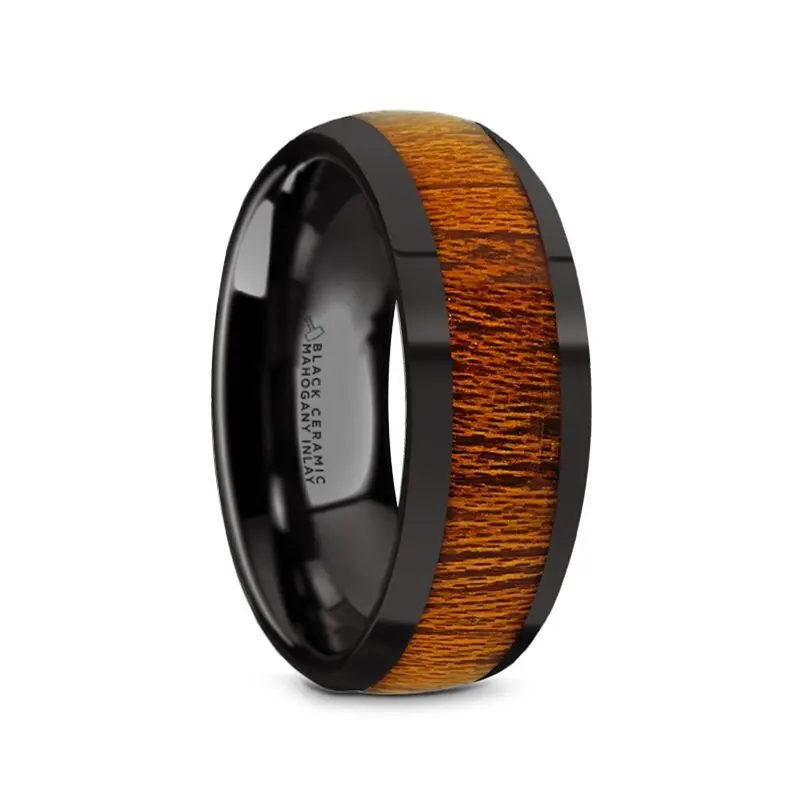 Mabini | Black Ceramic Ring, Mahogany Wood Inlay, Domed 1